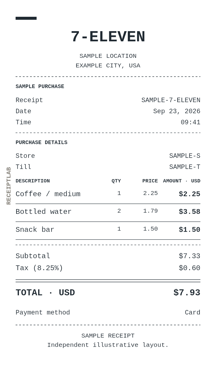 7-Eleven receipt template with itemized charges and calculated totals