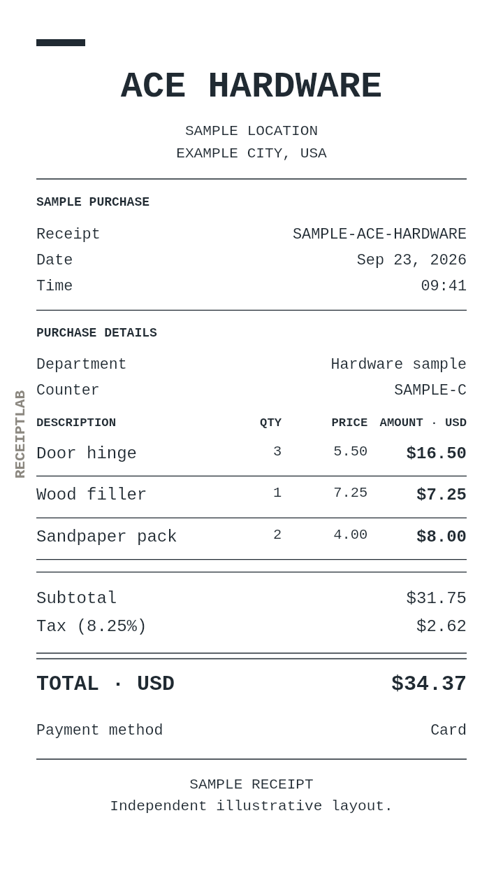 Ace Hardware receipt template — sample example with itemized purchases and calculated totals