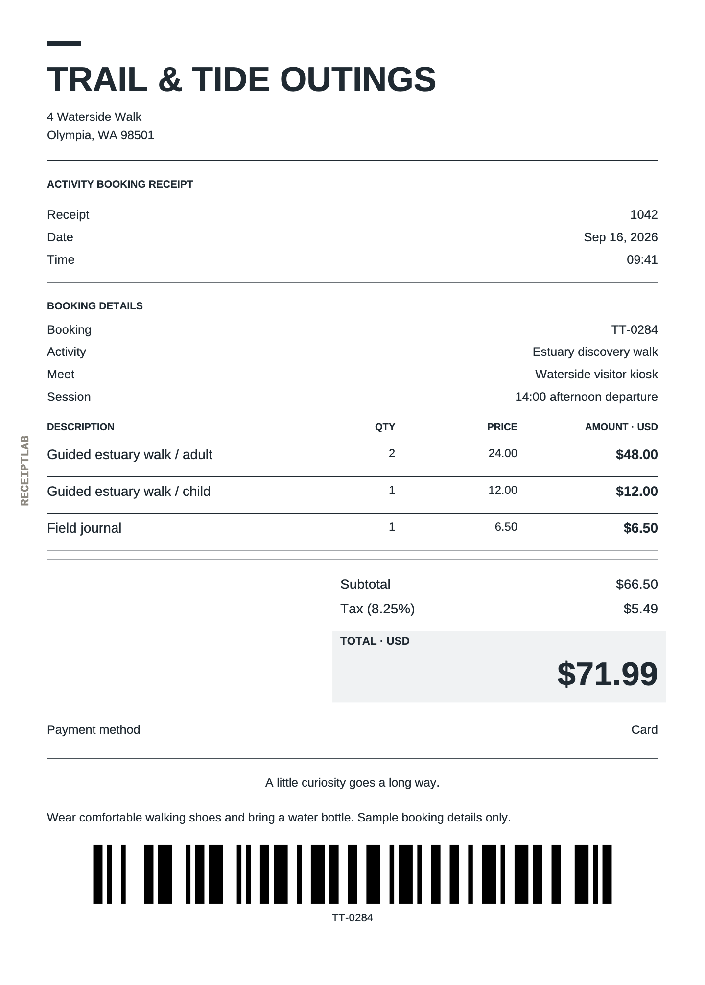Activity booking receipt template example with itemized purchases and calculated totals