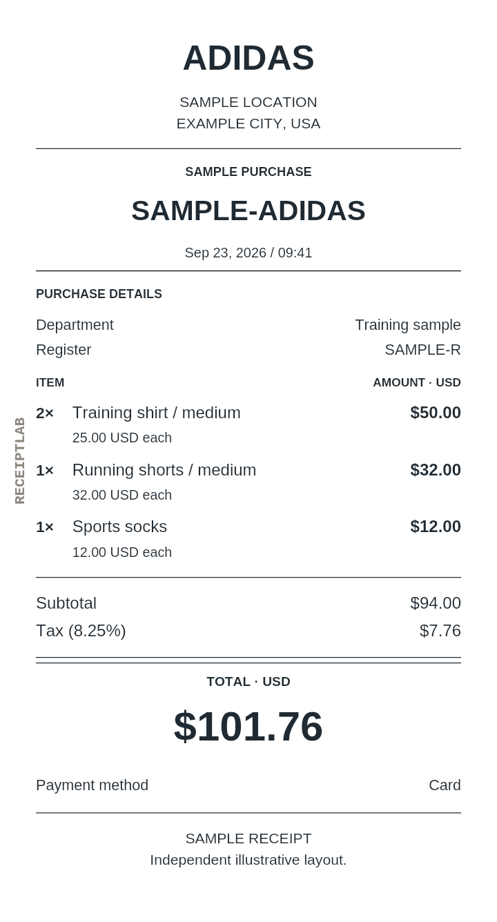 Adidas receipt template with itemized charges and calculated totals