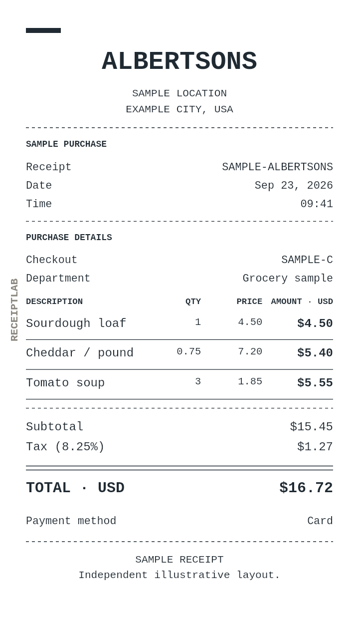 Albertsons receipt template — sample example with itemized purchases and calculated totals