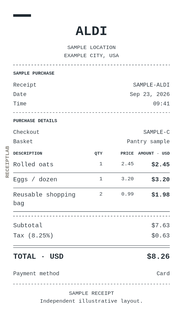 ALDI receipt template with itemized charges and calculated totals