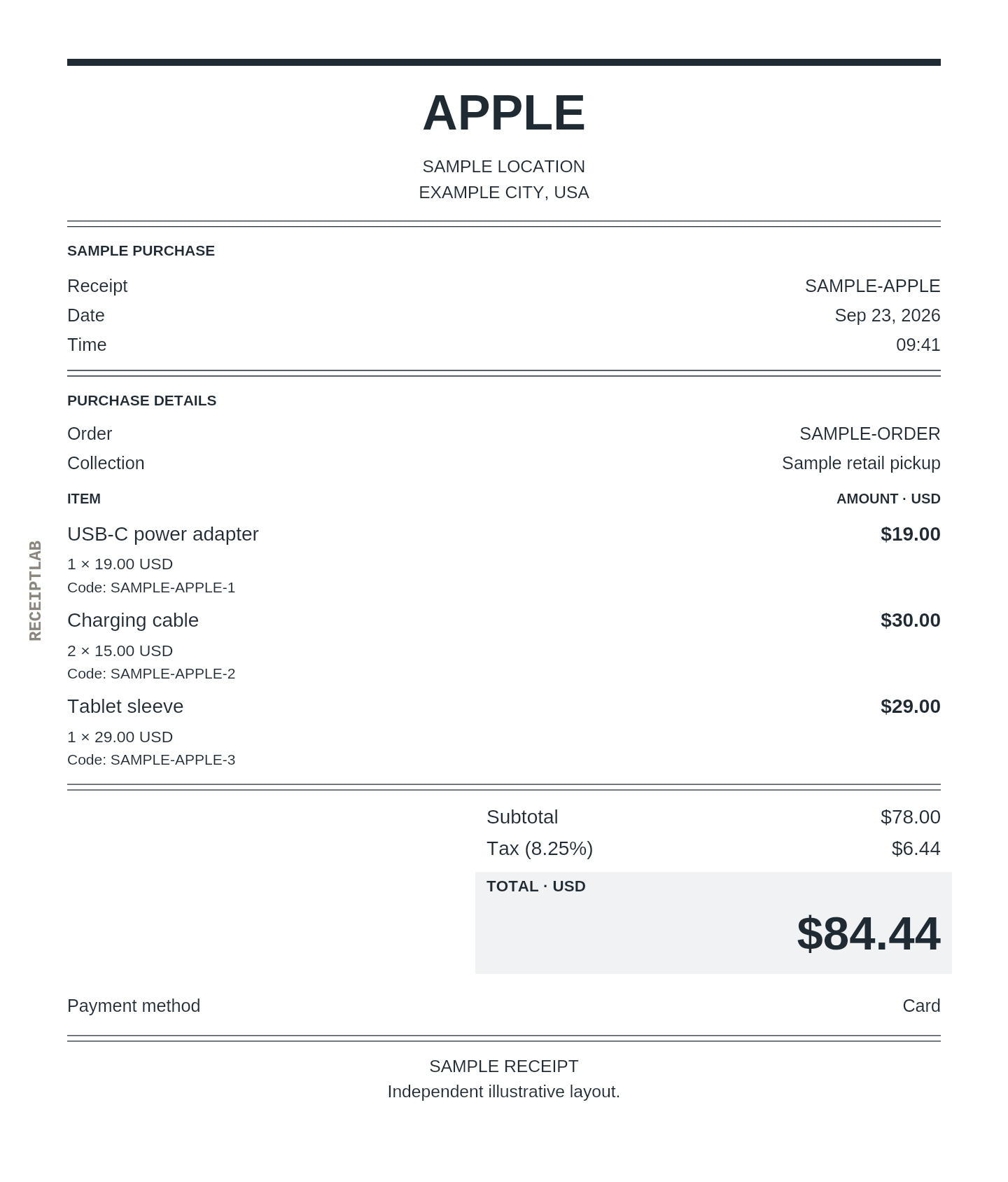 Apple receipt template with itemized charges and calculated totals