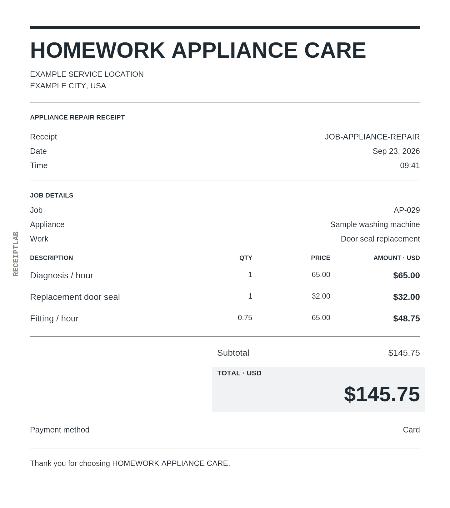 Appliance repair receipt template example with itemized purchases and calculated totals