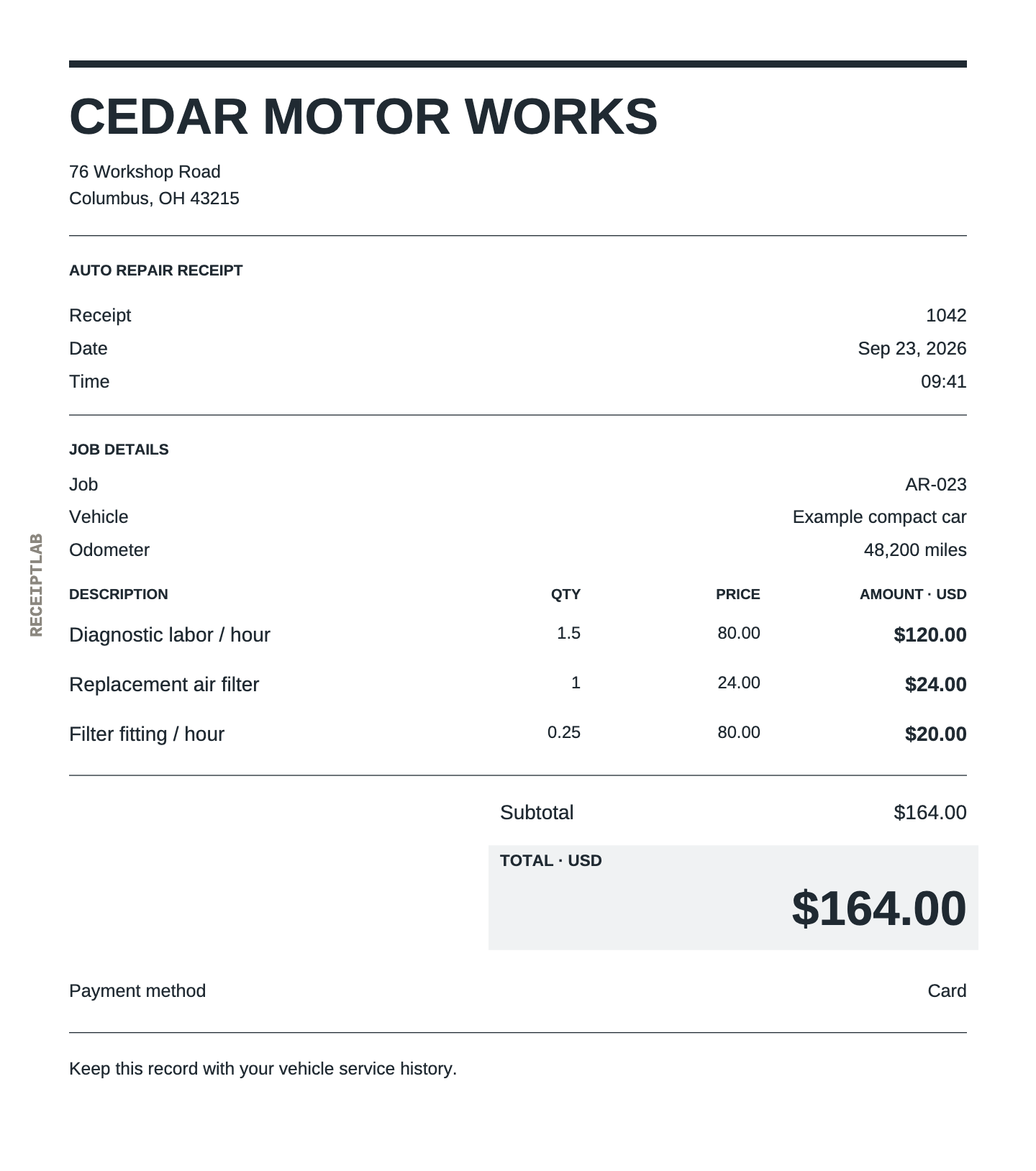 Auto repair receipt template with itemized charges and calculated totals