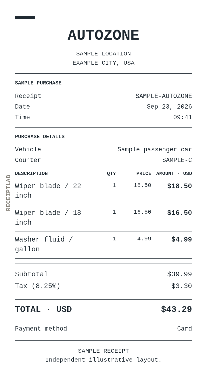 AutoZone receipt template — sample example with itemized purchases and calculated totals