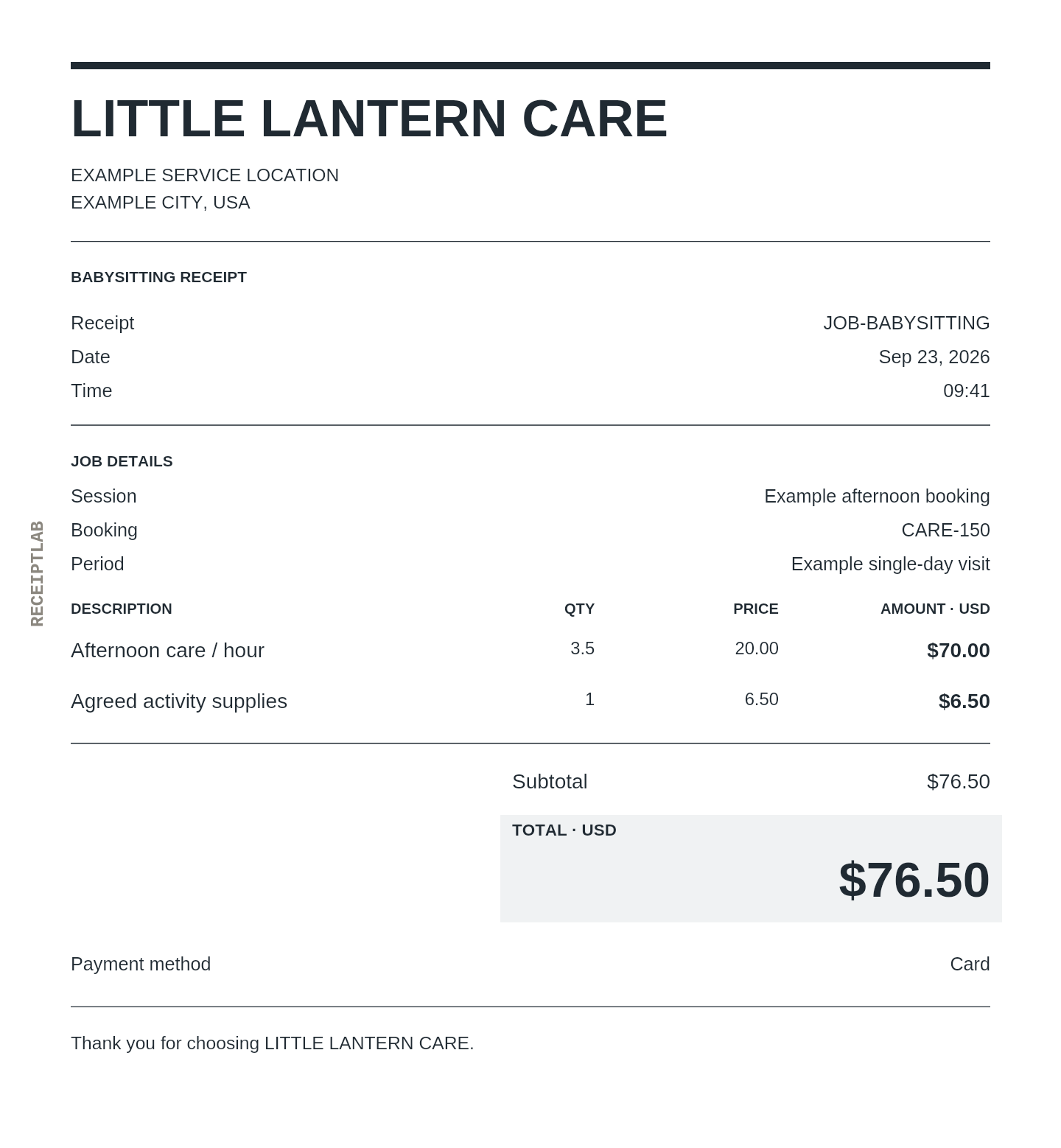 Babysitting receipt template with itemized charges and calculated totals