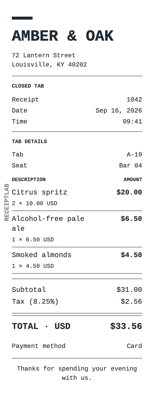 Bar tab receipt template example with itemized purchases and calculated totals