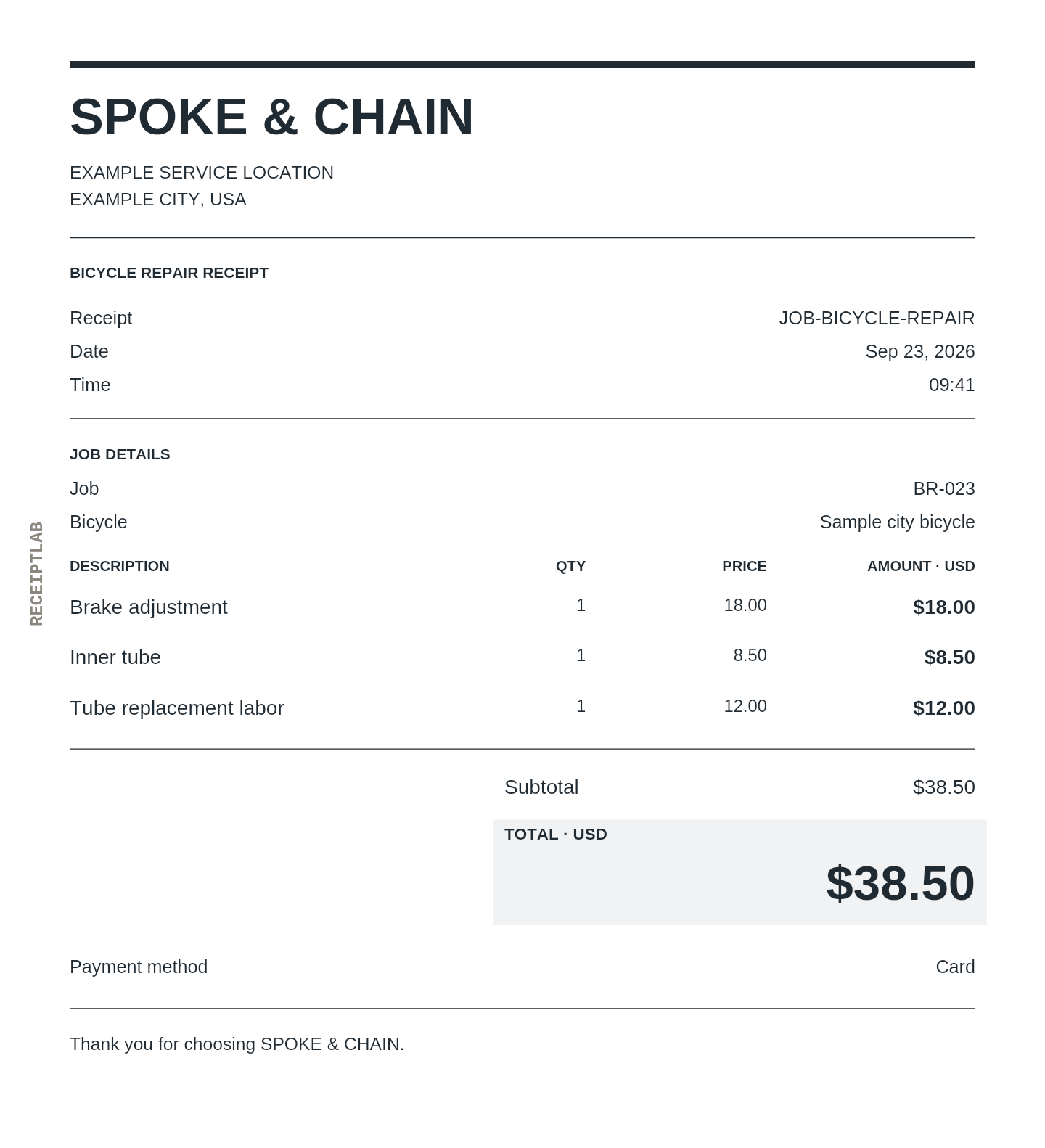 Bicycle repair receipt template example with itemized purchases and calculated totals