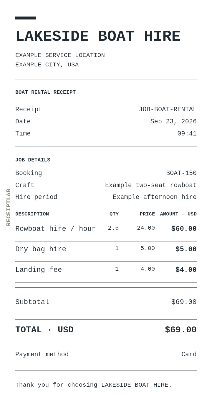 Boat rental receipt template example with itemized purchases and calculated totals