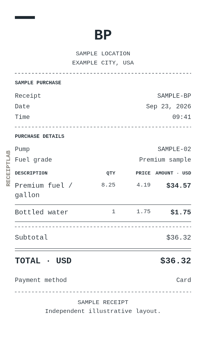 BP receipt template with itemized charges and calculated totals