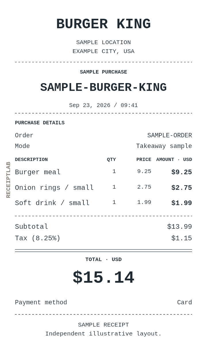 Burger King receipt template — sample example with itemized purchases and calculated totals