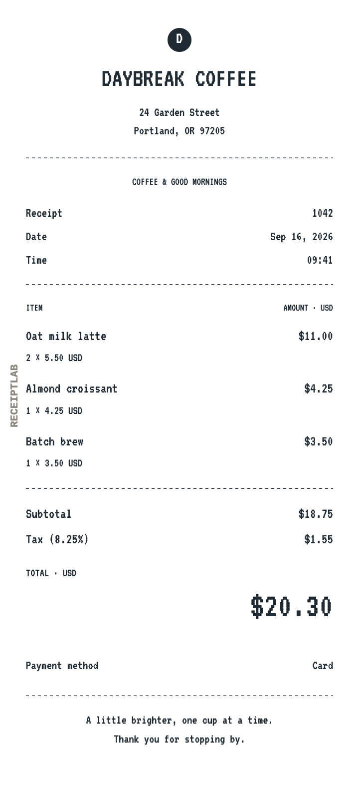 Original Daybreak Coffee receipt showing drinks, a pastry, and clear totals