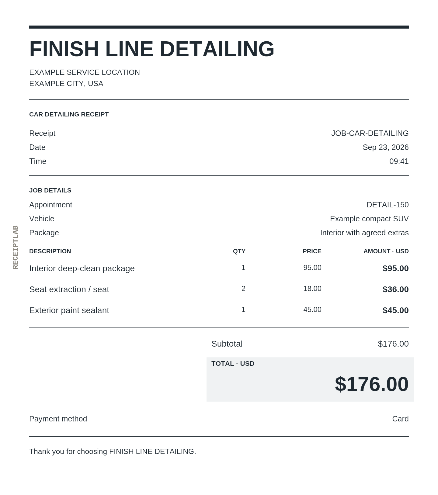 Car detailing receipt template with itemized charges and calculated totals