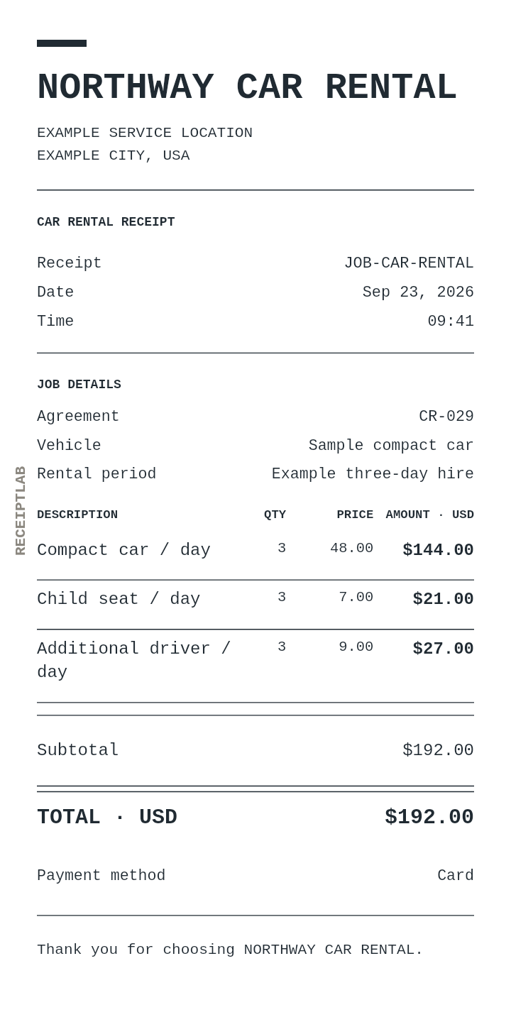 Car rental receipt template example with itemized purchases and calculated totals