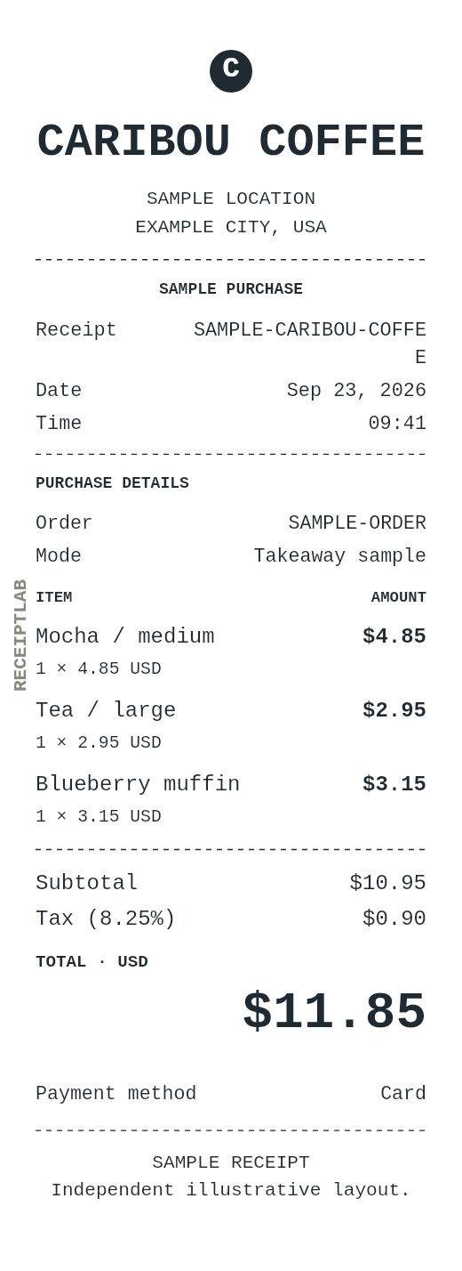 Caribou Coffee receipt template — sample example with itemized purchases and calculated totals