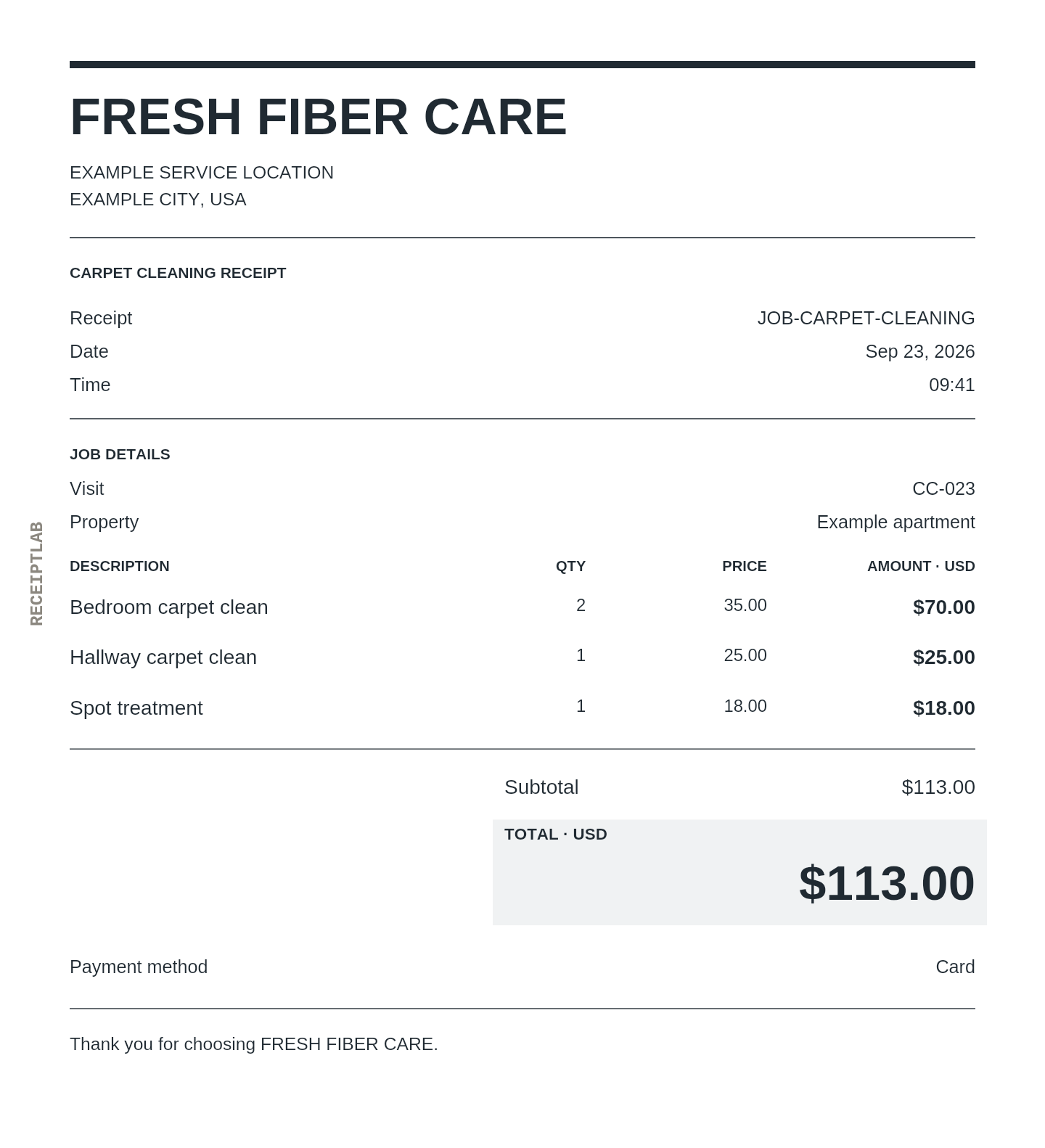 Carpet cleaning receipt template example with itemized purchases and calculated totals