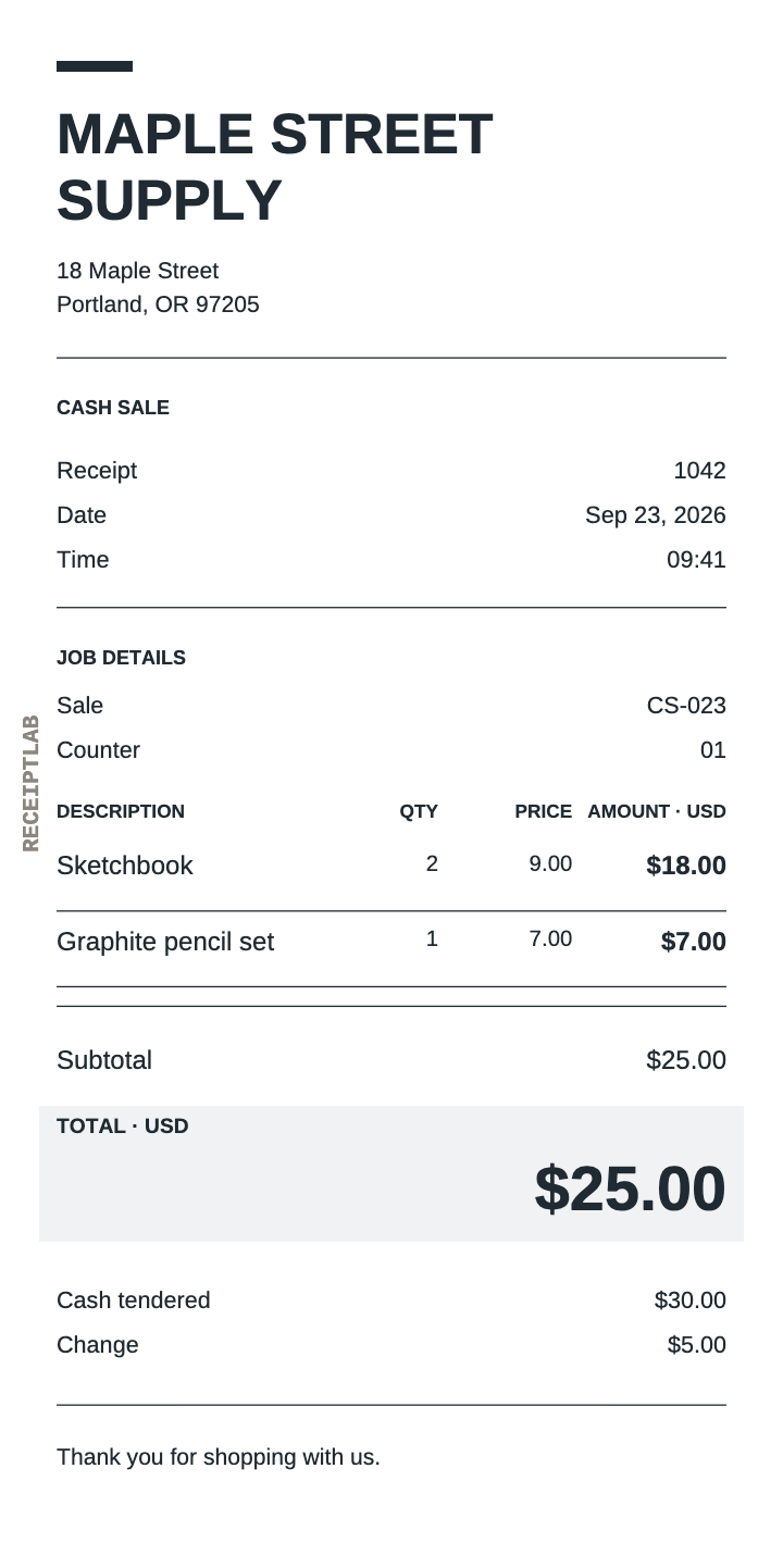 Cash receipt template with itemized charges and calculated totals