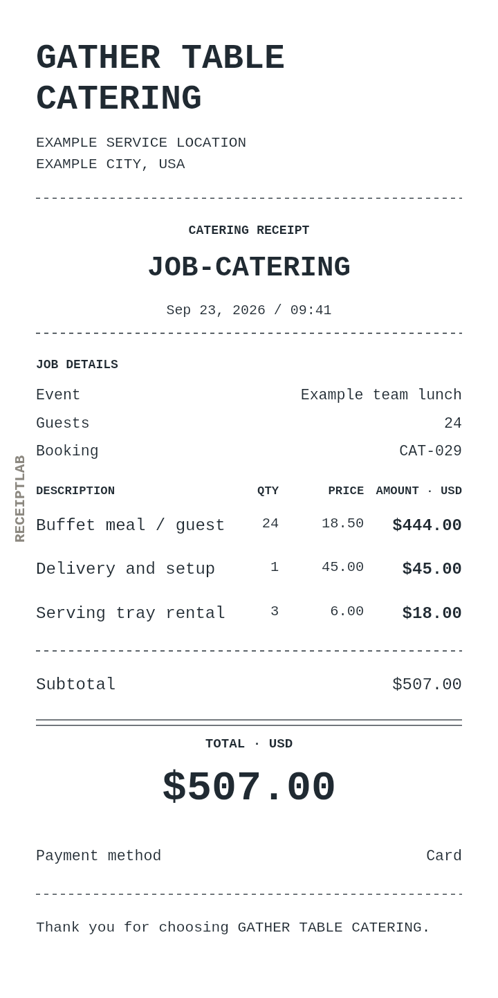 Catering receipt template with itemized charges and calculated totals
