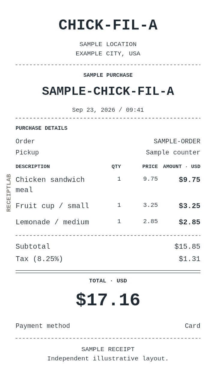 Chick-fil-A receipt template with itemized charges and calculated totals