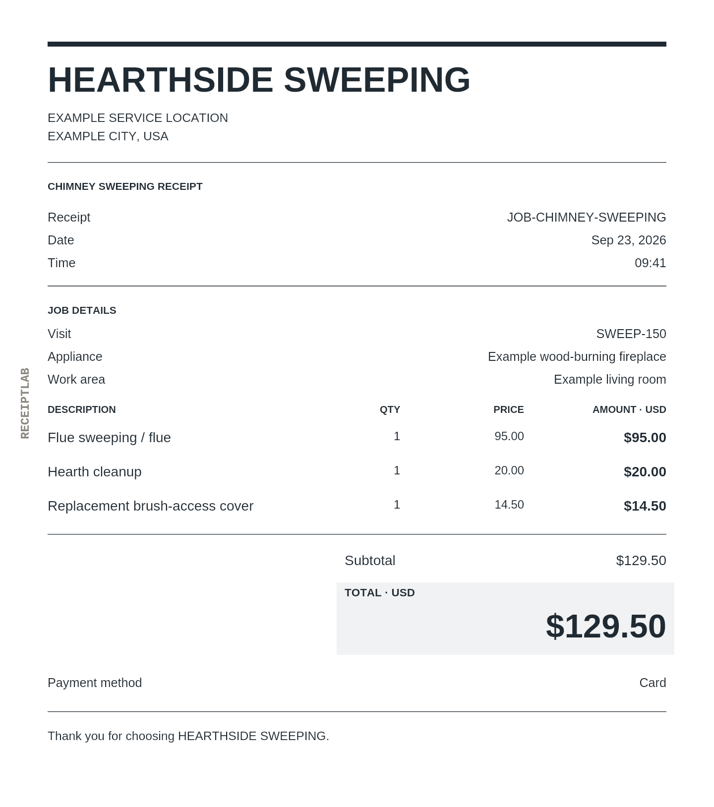 Chimney sweeping receipt template with itemized charges and calculated totals
