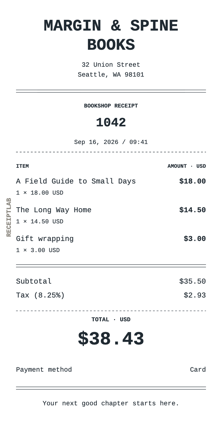 Bookstore receipt template example with itemized purchases and calculated totals