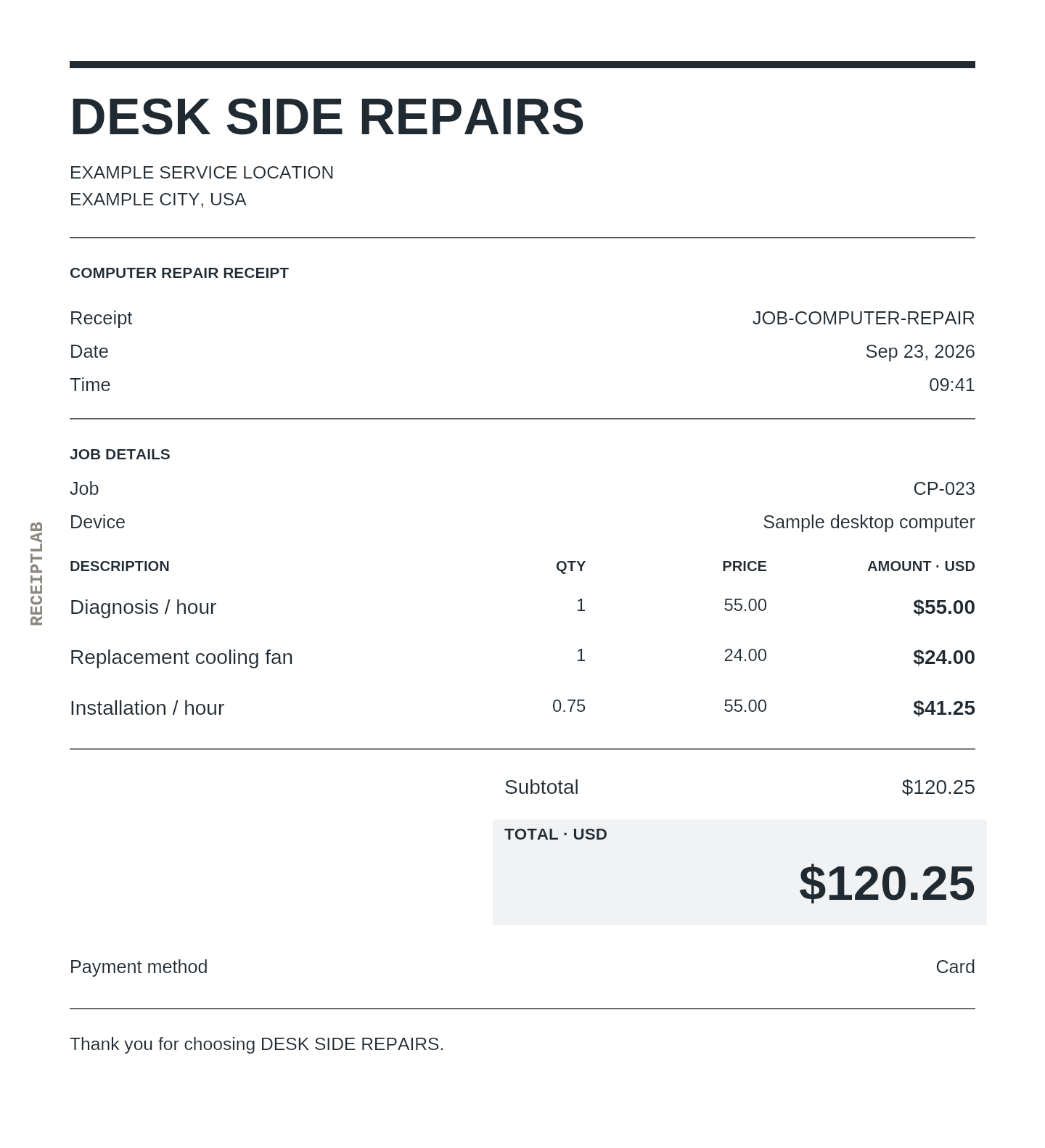Computer repair receipt template example with itemized purchases and calculated totals