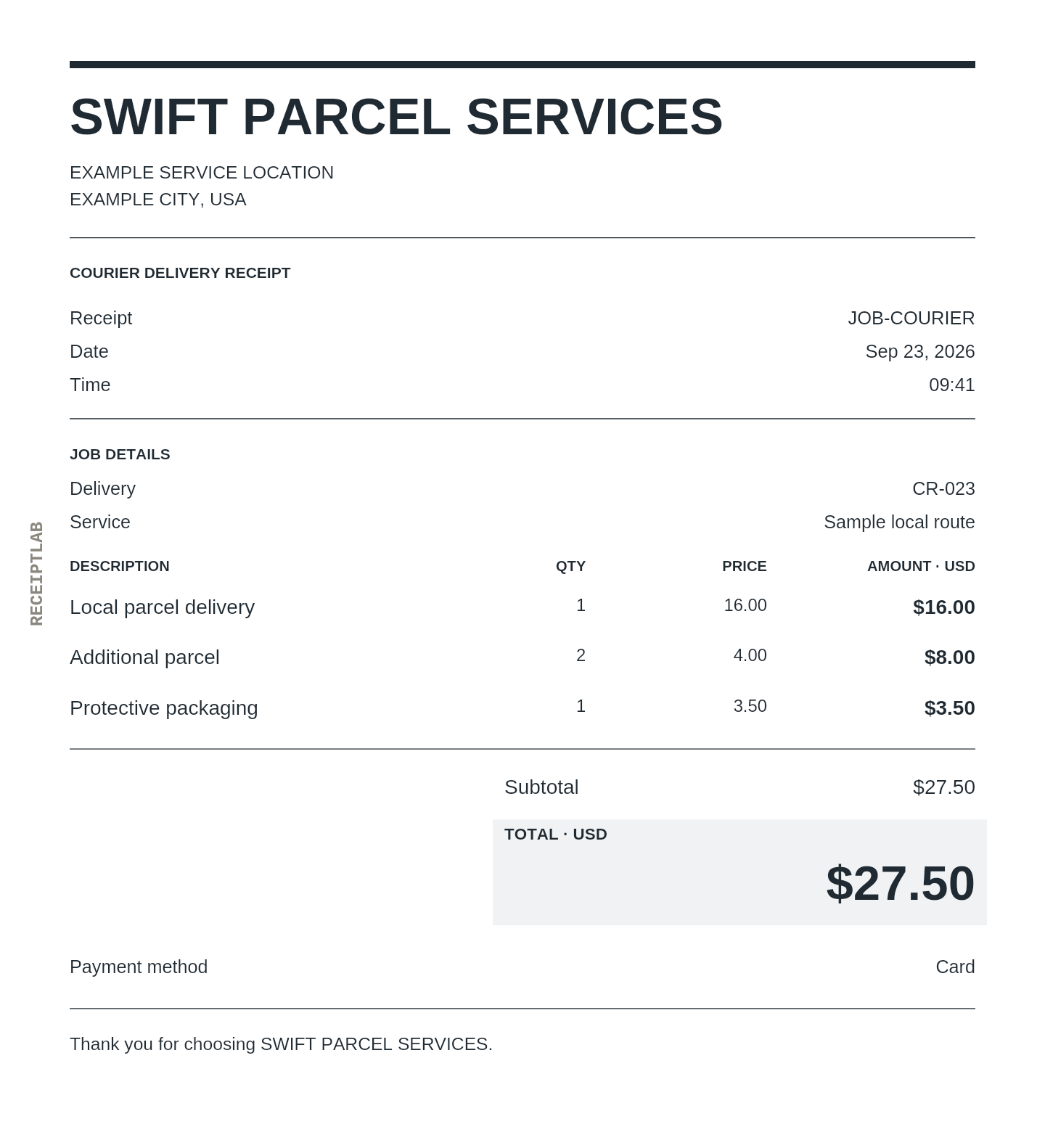 Courier delivery receipt template example with itemized purchases and calculated totals