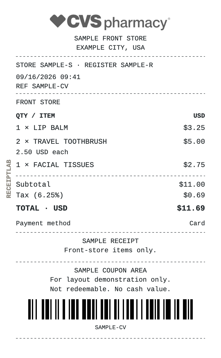 CVS receipt template — sample example with itemized purchases and calculated totals