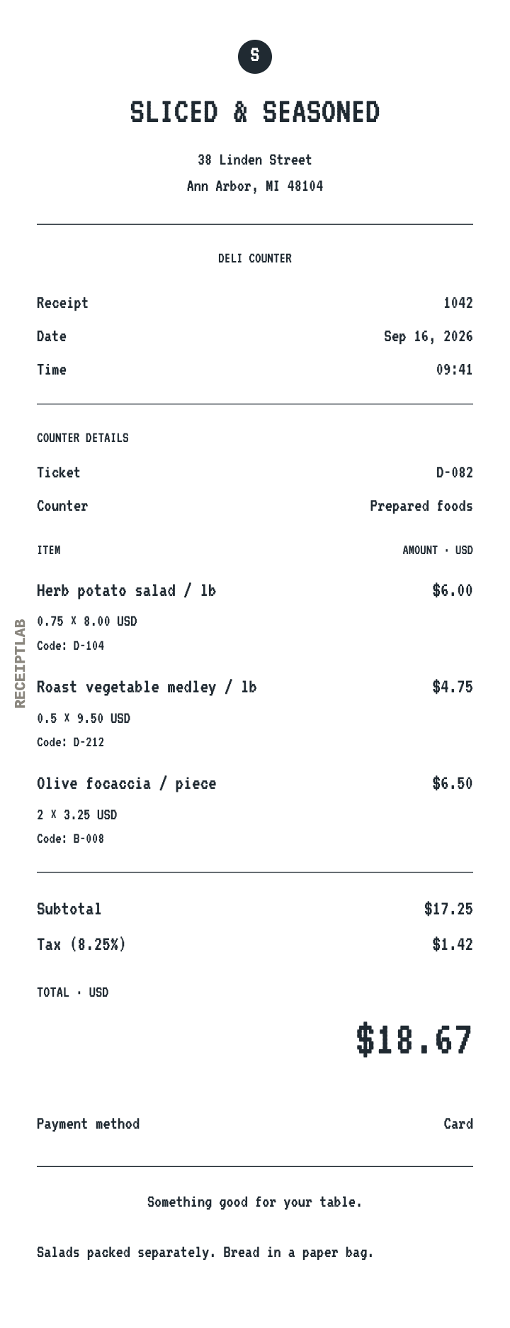 Deli receipt template example with itemized purchases and calculated totals