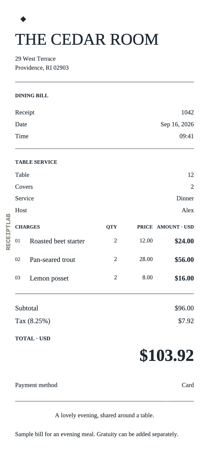 Dining receipt template example with itemized purchases and calculated totals