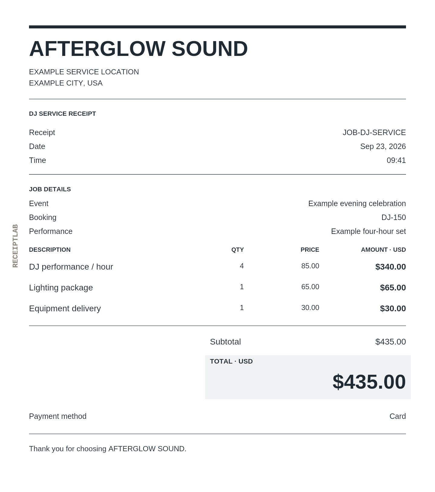 DJ service receipt template example with itemized purchases and calculated totals