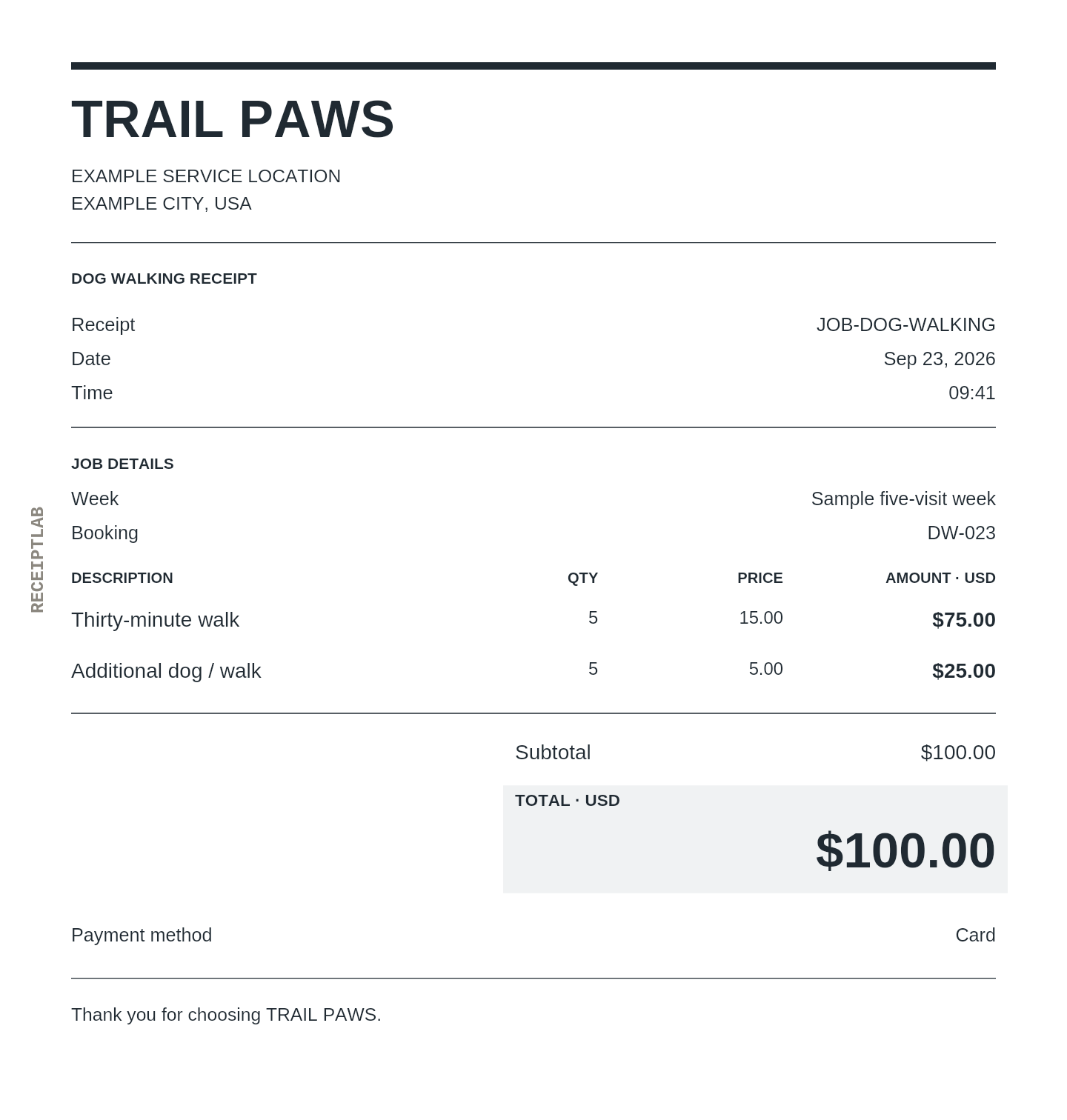 Dog walking receipt template with itemized charges and calculated totals