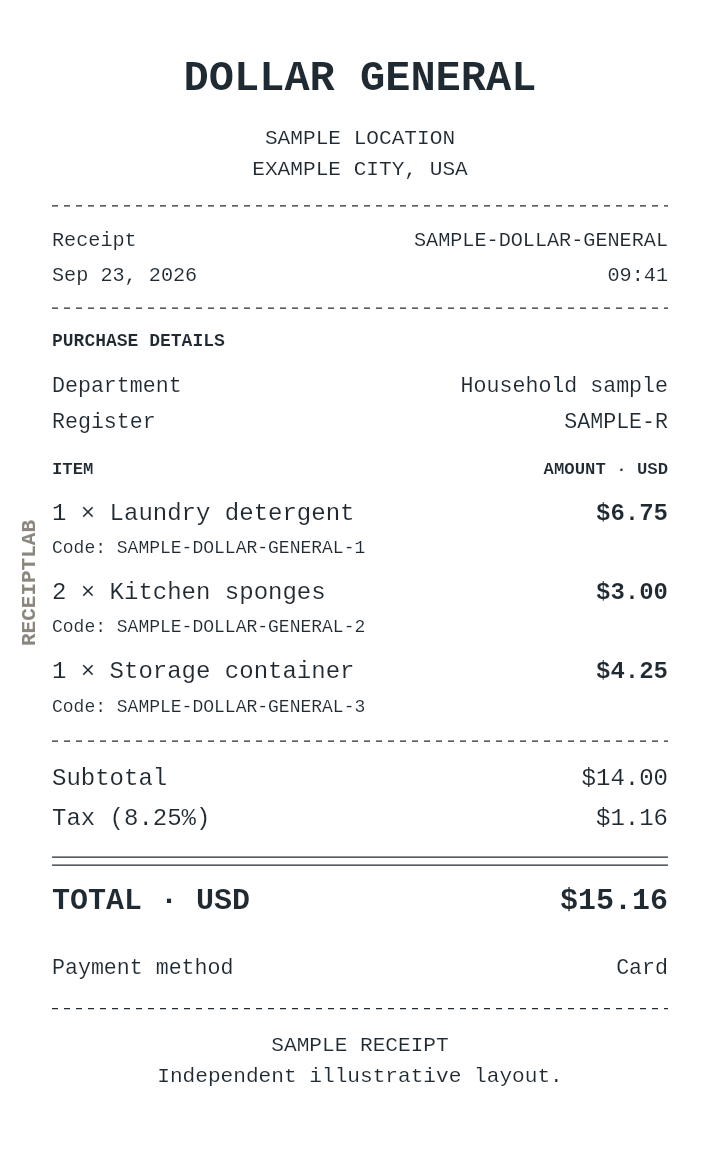 Dollar General receipt template — sample example with itemized purchases and calculated totals