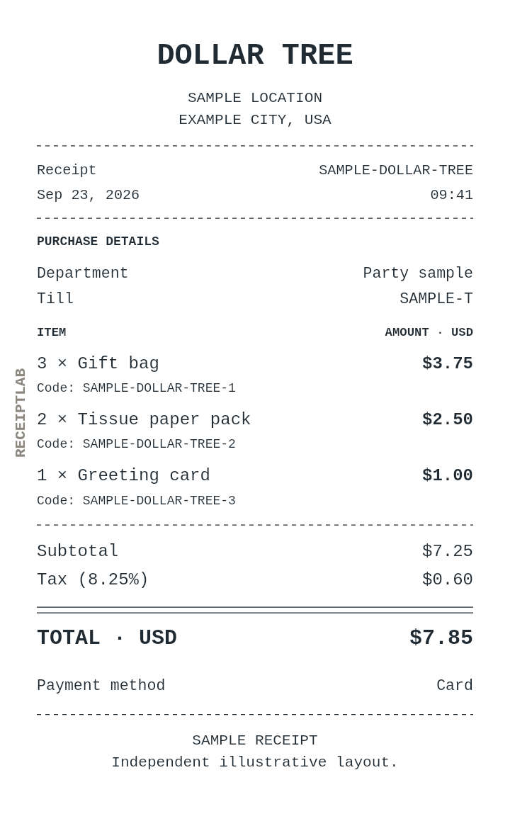 Dollar Tree receipt template — sample example with itemized purchases and calculated totals