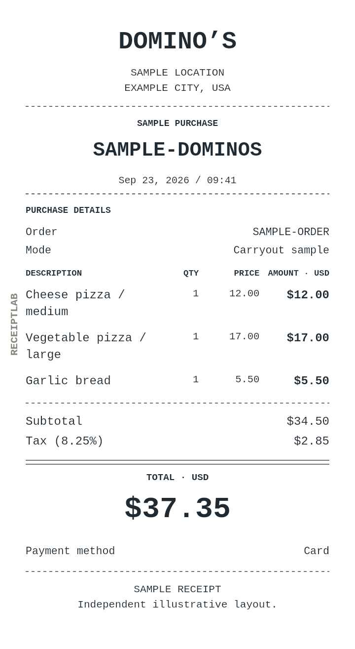 Domino’s receipt template — sample example with itemized purchases and calculated totals