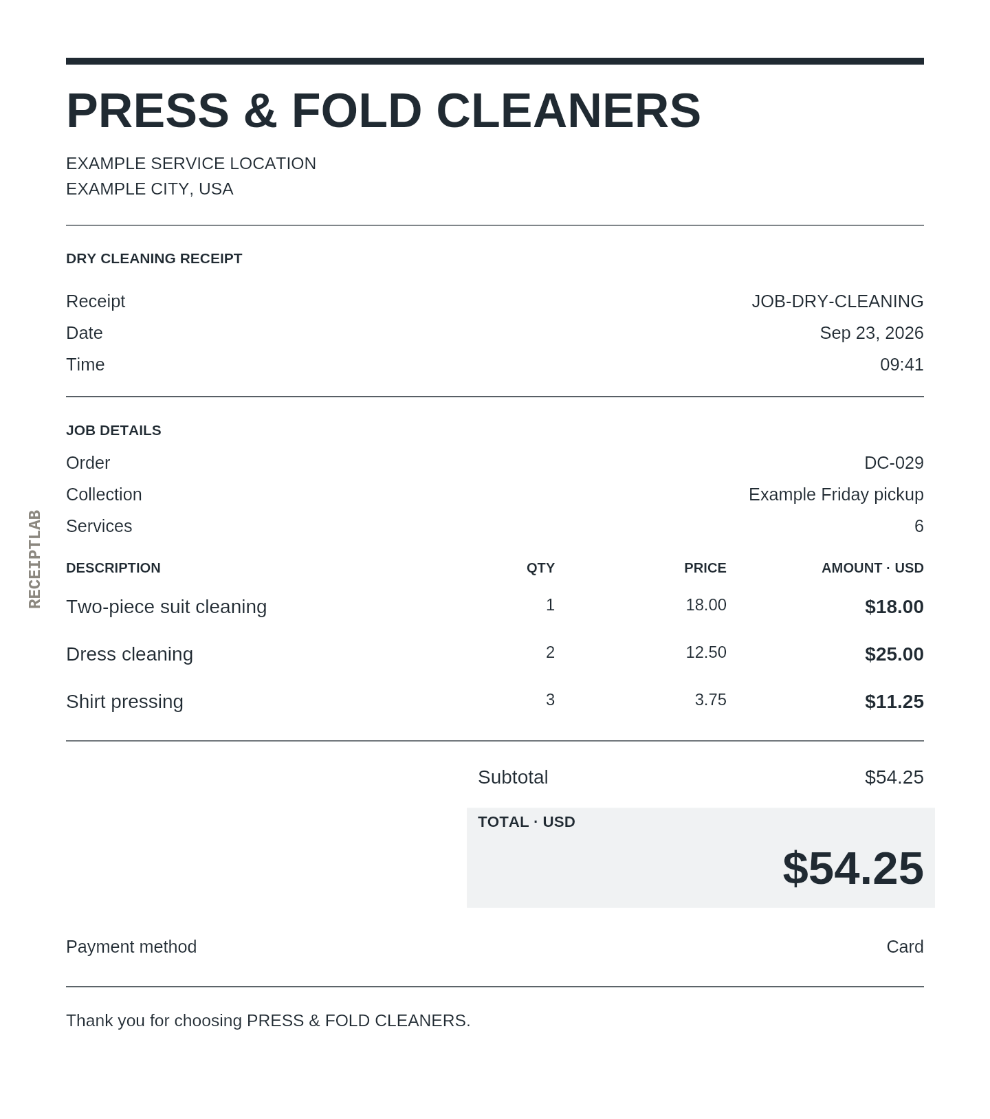 Dry cleaning receipt template example with itemized purchases and calculated totals