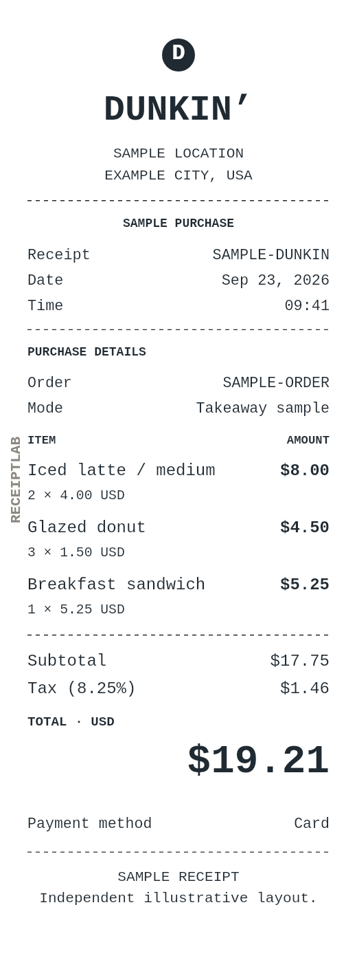 Dunkin’ receipt template with itemized charges and calculated totals