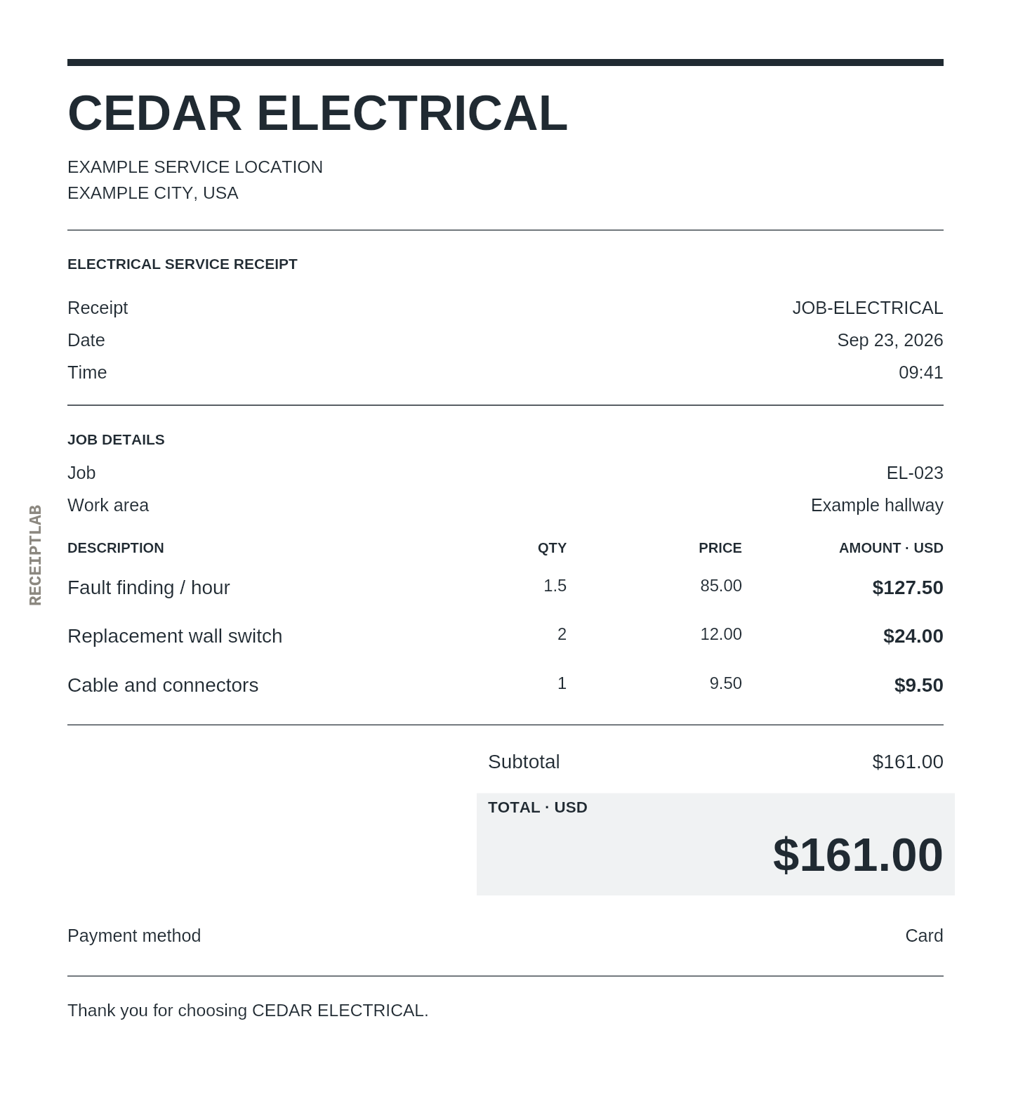 Electrical service receipt template example with itemized purchases and calculated totals
