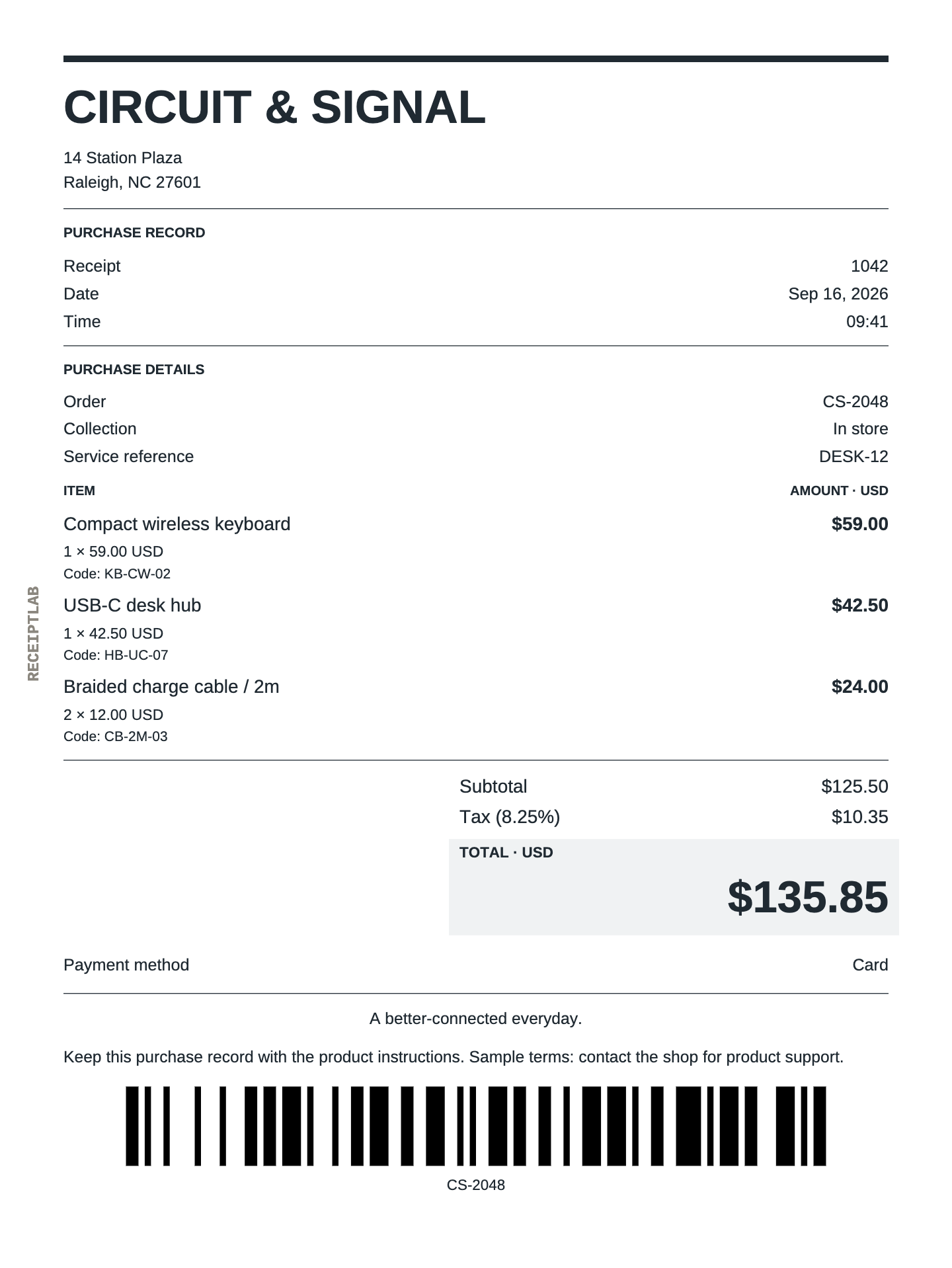 Electronics receipt template example with itemized purchases and calculated totals