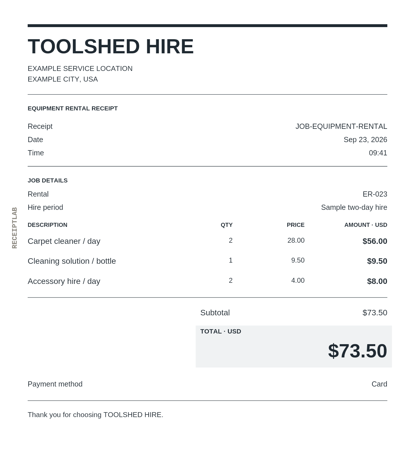 Equipment rental receipt template example with itemized purchases and calculated totals