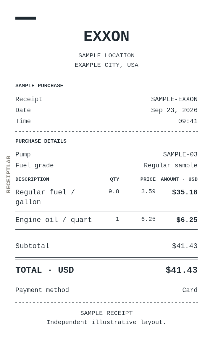 Exxon receipt template — sample example with itemized purchases and calculated totals