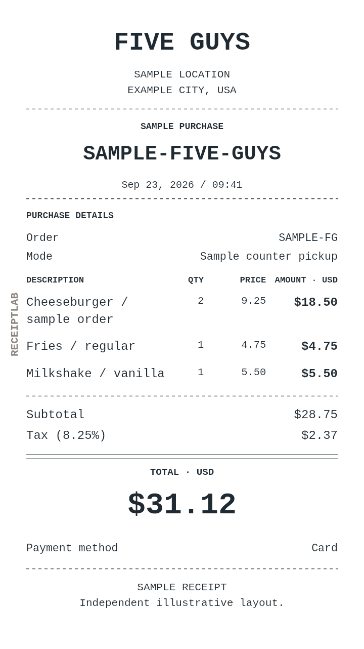 Five Guys receipt template — sample example with itemized purchases and calculated totals
