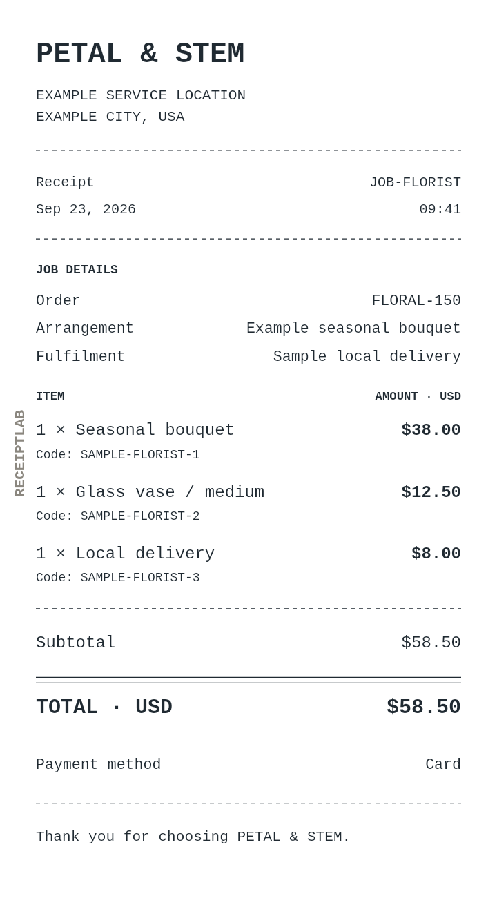 Florist receipt template example with itemized purchases and calculated totals