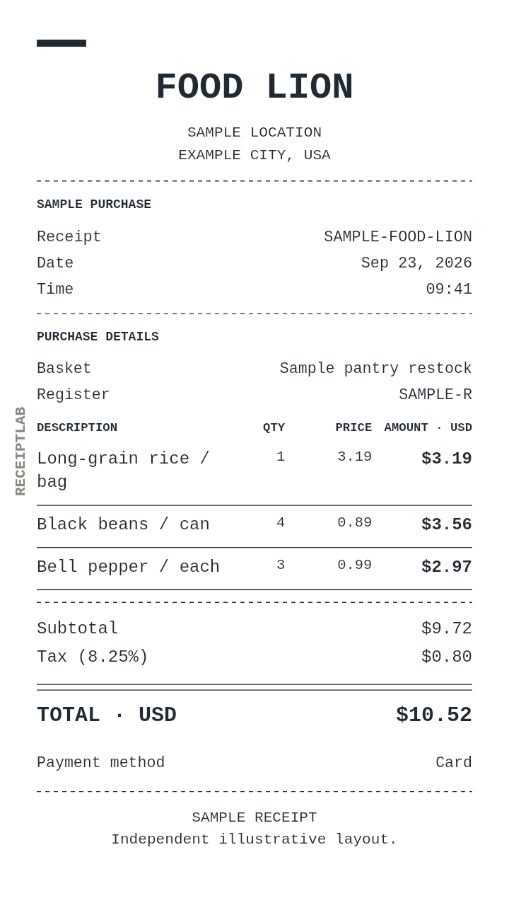Food Lion receipt template — sample example with itemized purchases and calculated totals