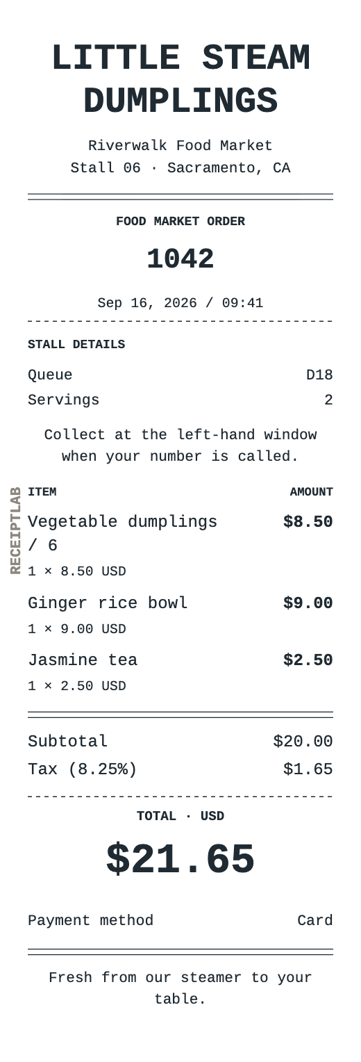 Food stall receipt template example with itemized purchases and calculated totals