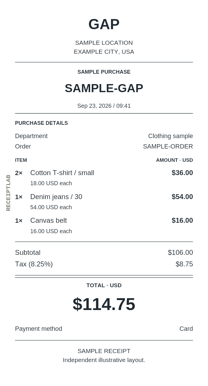 Gap receipt template — sample example with itemized purchases and calculated totals