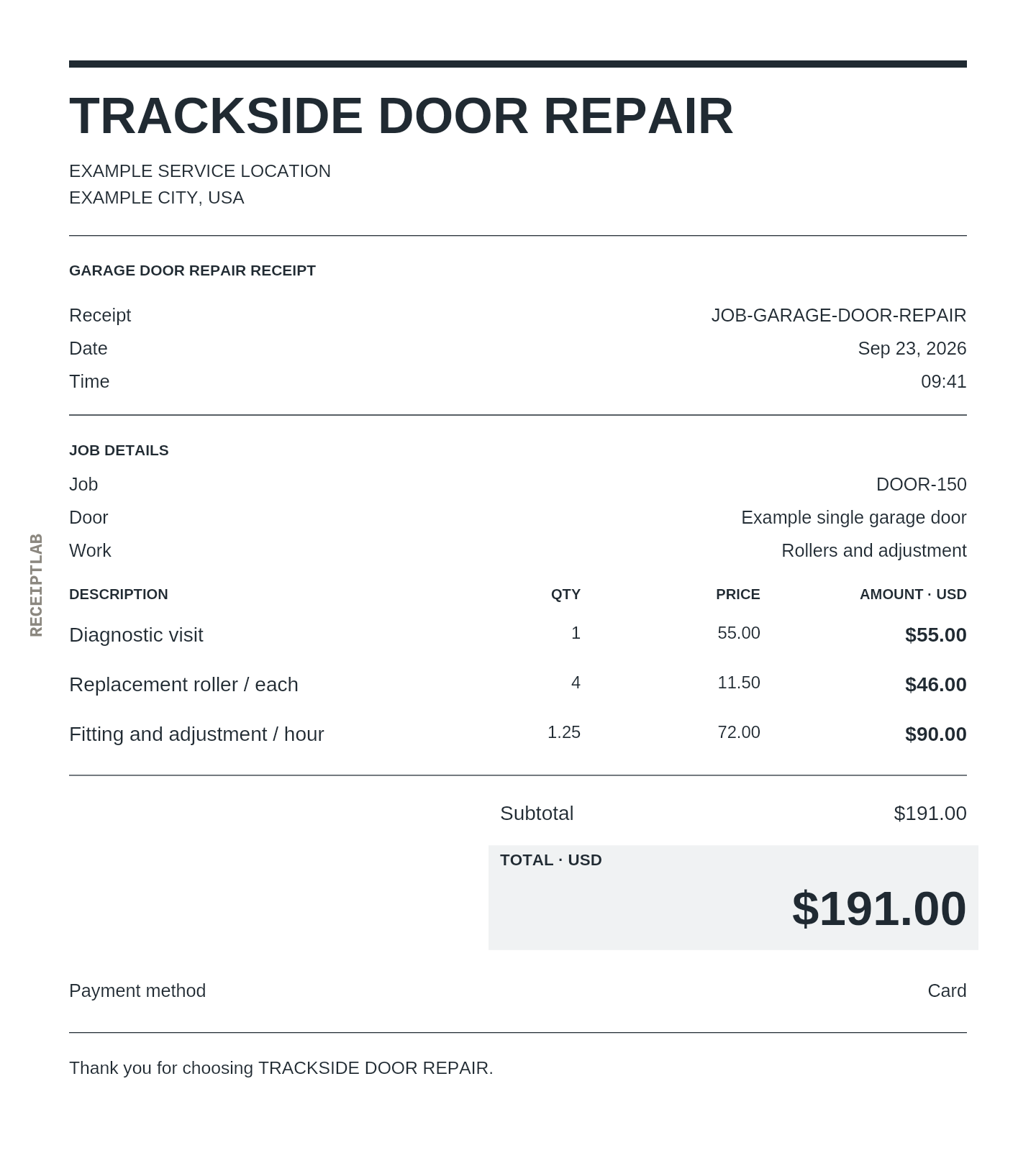 Garage door repair receipt template with itemized charges and calculated totals