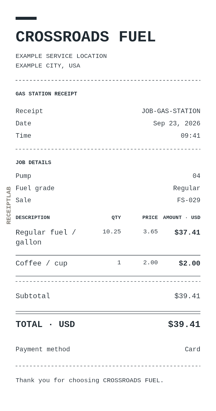 Gas station receipt template with itemized charges and calculated totals