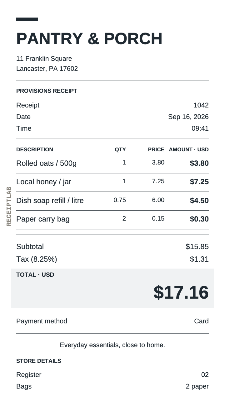 General store receipt template example with itemized purchases and calculated totals